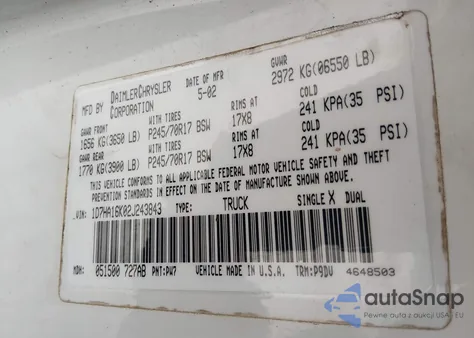 2002 Dodge Ram 1500 St из США, поврежденный, VIN 1D7HA16K02J243843